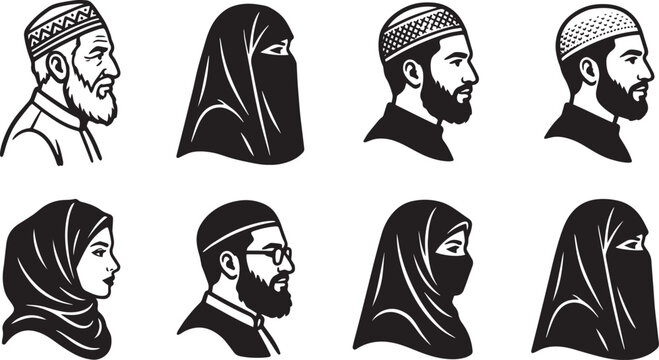 Muslim avatars set with men in kufi caps and women wearing hijab and niqab profile vectors
