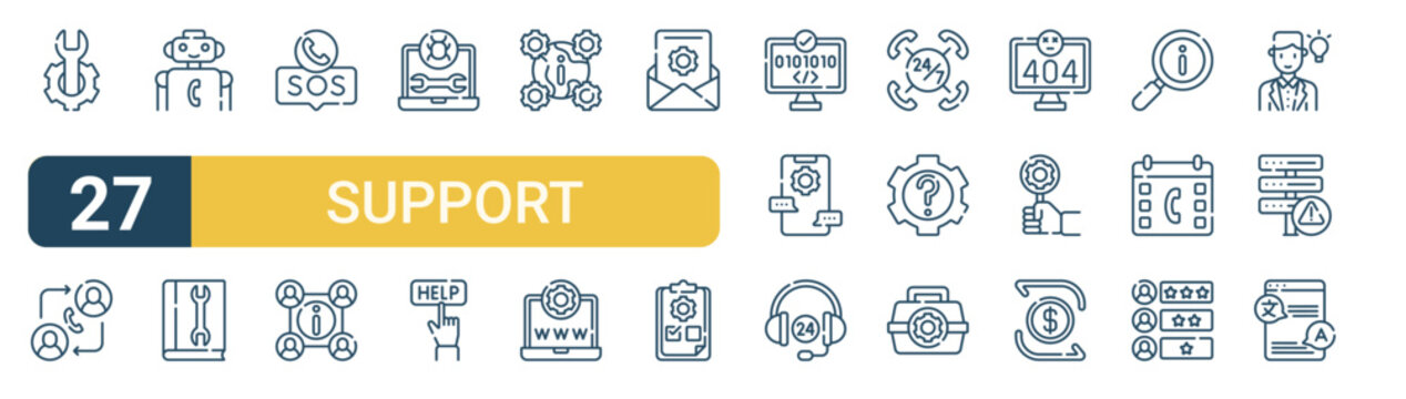 Set of 27 thin line Support icons for app screens, websites and product dashboards. Outline vector pack featuring support, call, chatbot, manual, sos and information.
