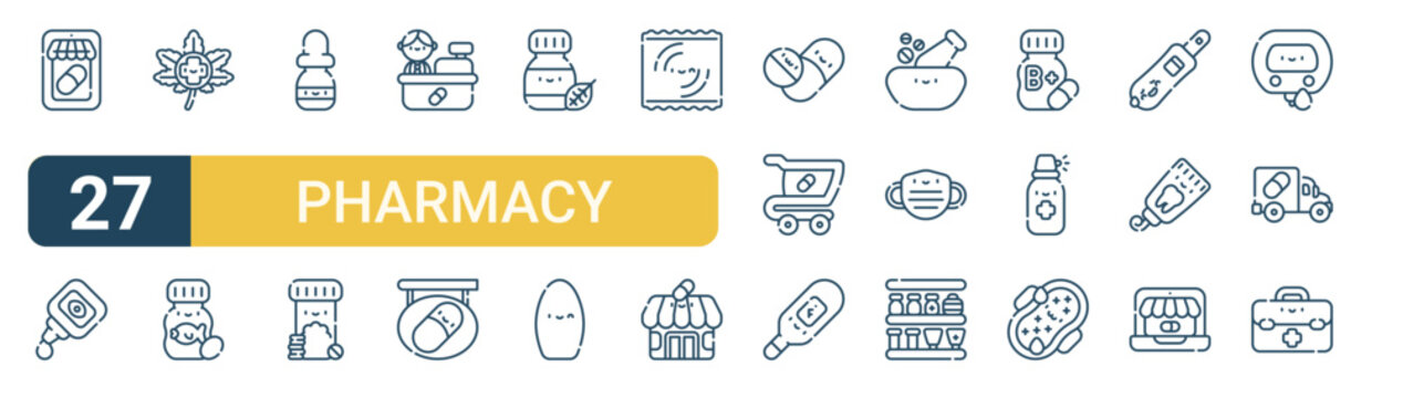 Set of 27 thin line Pharmacy icons for app screens, websites and product dashboards. Outline vector pack featuring phary, eye dropper, Marijuana, fish oil, serum and antibiotic.