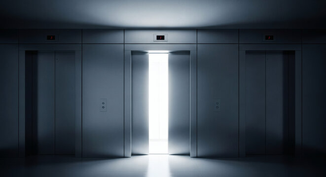 Modern elevator doors opening in a dark office hallway with bright light shining from inside the metallic lift cabin