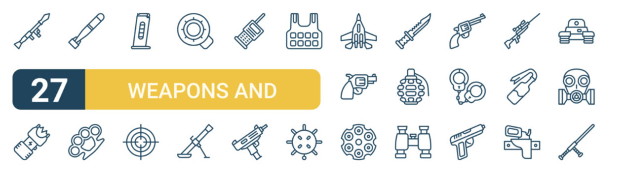 Set of 27 thin line Weapons and Amunition icons for app screens, websites and product dashboards. Outline vector pack featuring grenade launcher, stun gun, torpedo, brass knuckles, clip and sight.