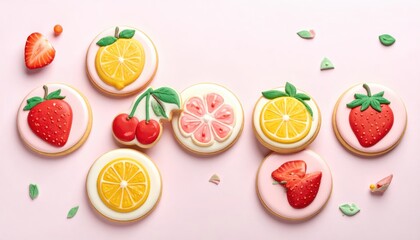 Fototapeta premium Artisan Fruit Decorated Sugar Cookies Artfully Arranged for a Sweet Culinary Delight