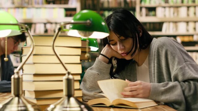 Tired woman student leans on her hand while reading open book under green lamp, surrounded by tall stacks of books in a warm academic library at wooden desk, Focus on self study, with study session.
