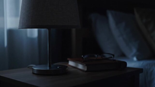 Hand pressing power button on modern bedside table lamp.