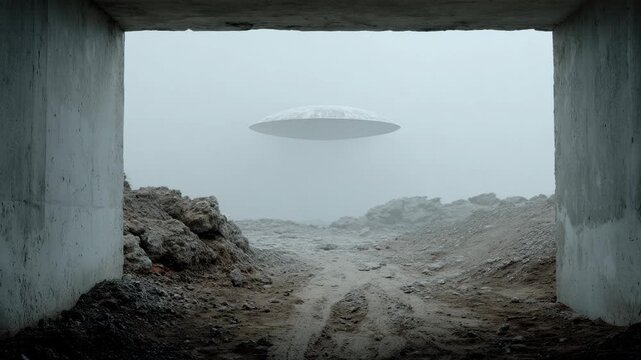 Ufo hovering in foggy sky over rocky terrain viewed from concrete bunker. Sci-fi extraterrestrial encounter concept for atmospheric mystery visuals.