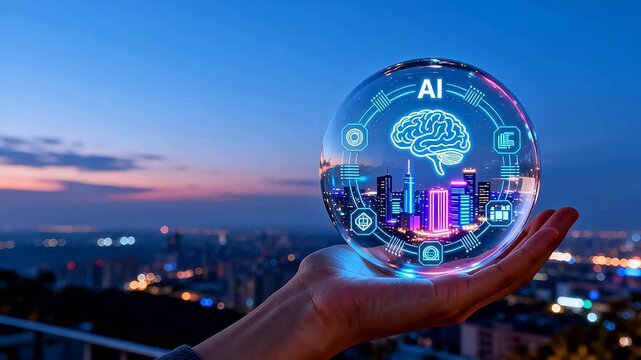 Hand holding AI cityscape crystal ball