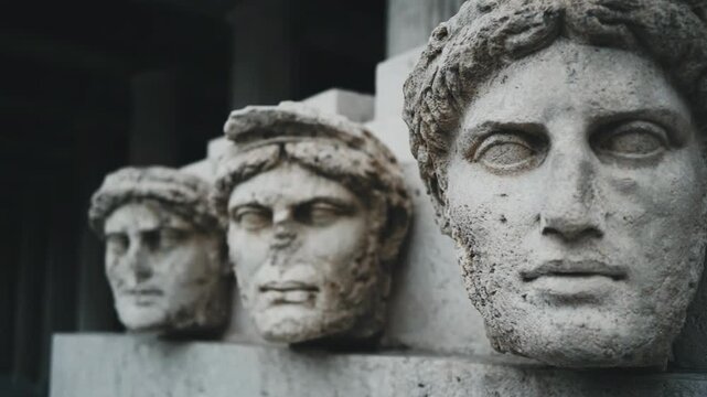 Row of ancient male busts on stone pedestal. Classical greek roman sculptures in historical architecture. Weathered stone heads with curly hair for antiquity and archaeology concept.