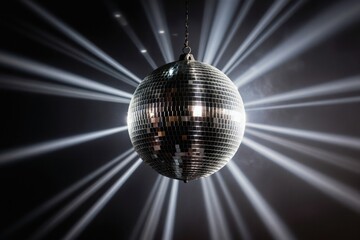 Obraz premium Mirror disco ball hangs suspended. Light beams radiate outwards through smoke creating atmosphere. Used for parties clubs music events retro decor.