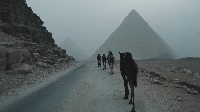 Camel caravan approaching ancient pyramids in misty desert. Historical journey through Egypts Giza plateau. Nomadic travel to iconic stone monuments.
