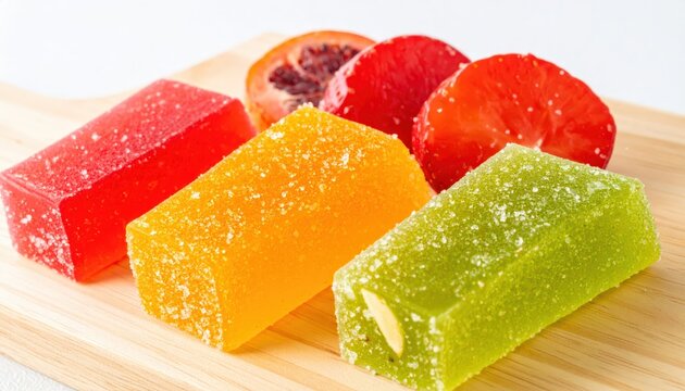 Assortment of colorful fruit flavored gummies and candied slices on a wooden board