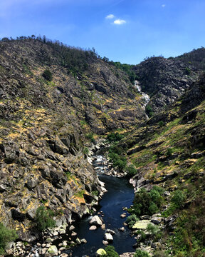 Paiva River Gorge with Rocky Canyon Walls and Waterfall at Arouca, Portugal