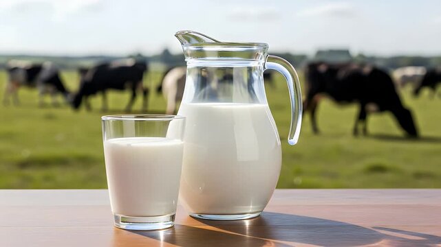 Fresh cold milk served in a clear glass pitcher and a drinking glass set on a wooden table placed in front of a rural dairy farm