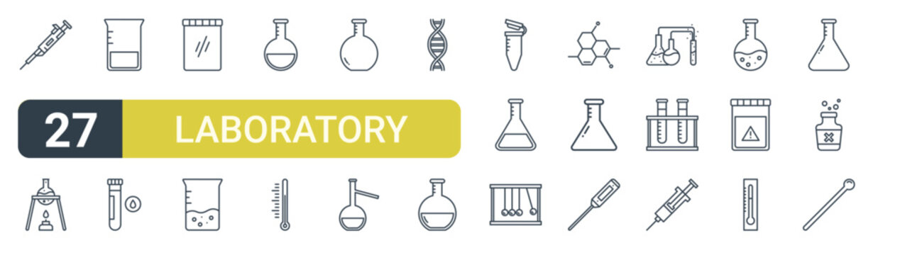 Set of 27 outline Laboratory icons for modern UI, landing pages and digital services. Editable stroke collection with pipette, burner, measuring cup, thermometer, erlenmeyer flask and syringe.
