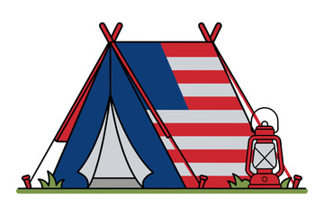 Camping tent with american flag design and vintage lantern on grass. © SUBRATAKUMAR