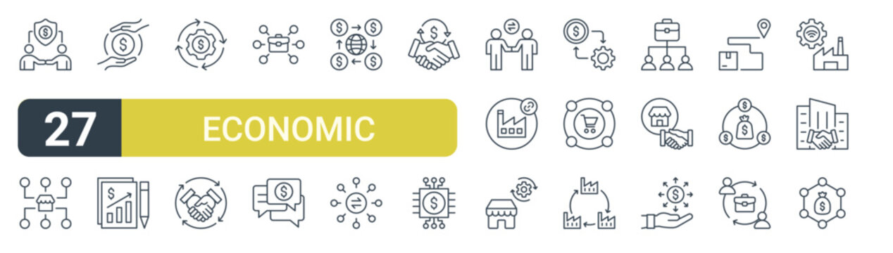 Set of 27 outline Economic Network icons for modern UI, landing pages and digital services. Editable stroke collection with relationship, connectivity, economic, economic, industry and financial.