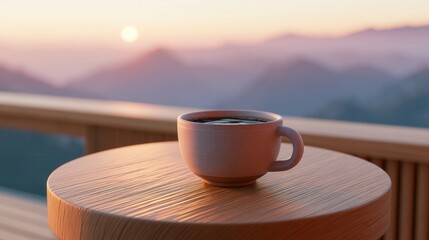 Obraz premium Coffee cup on wooden table at terrace with mountain view during sunset