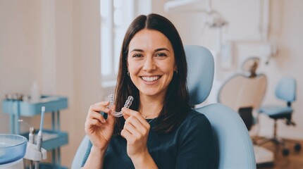 Obraz premium Smiling female dentist in white coat holds dental aligners in modern clinic close up
