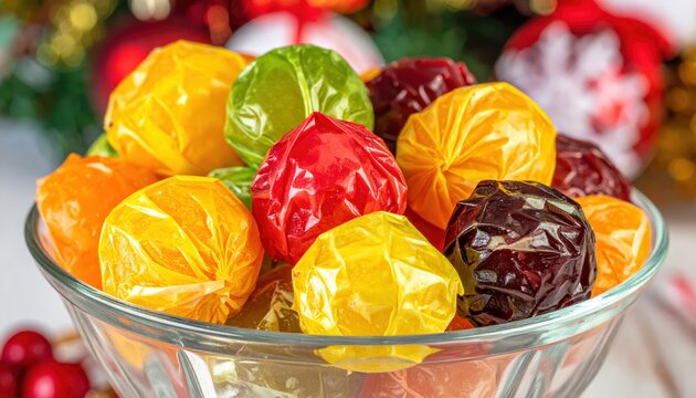 Assortment of Fruit Flavored Hard Candies in Cellophane Wrappers Jumbled in a Glass Bowl