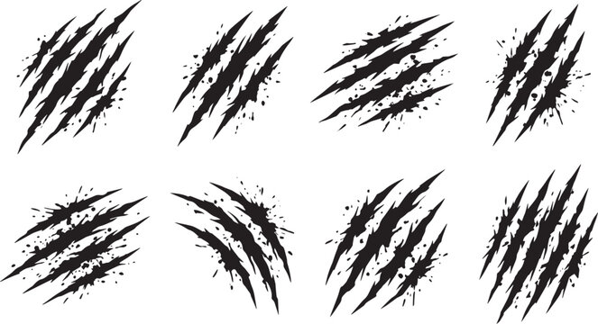 Black monster claw scratches with ink splatters and wild animal rip marks vector set