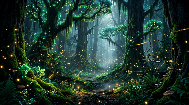 Magical Enchanted Forest with Glowing Fireflies and Bioluminescent Flora at Night