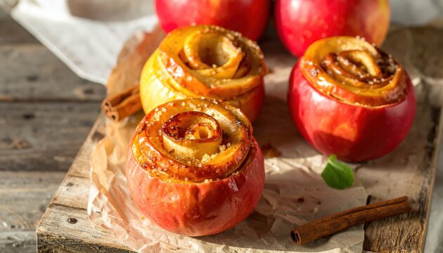 Beautifully Baked Apples Shaped Like Roses with Cinnamon Swirls, a Delightful Autumn Dessert