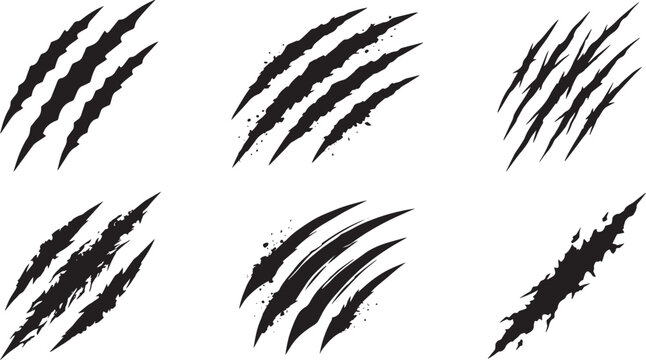 Black monster claw scratches and wild animal rip marks vector set