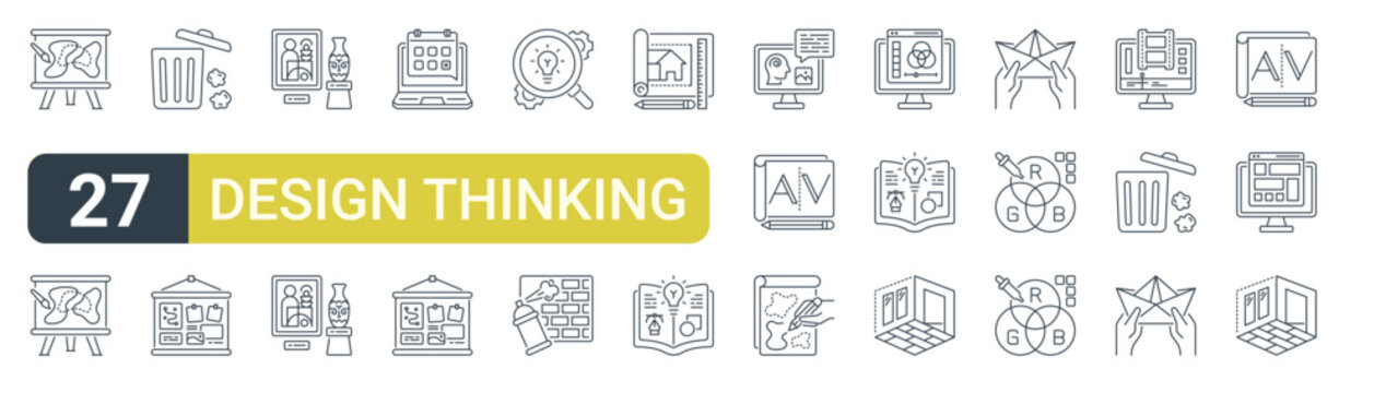 Set of 27 outline Design Thinking icons for modern UI, landing pages and digital services. Editable stroke collection with canvas, canvas, trash bin, moodboard, kerning and rgb.