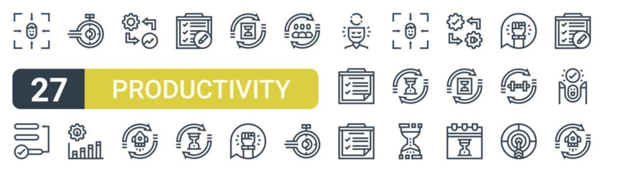 Set of 27 outline Productivity icons for modern UI, landing pages and digital services. Editable stroke collection with focus, priority, chronometer, process, list and deadline.
