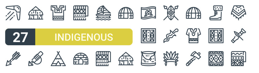 Set of 27 outline Indigenous People icons for modern UI, landing pages and digital services. Editable stroke collection with boomerang, arrow, maloca, igloo, tapa and tomahawk. © Leon