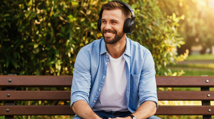 Fototapeta premium Man with headphones sits on park bench listening to music or podcast. Smiling man enjoys audio outside on sunny day. Relaxing person takes a break from city life.