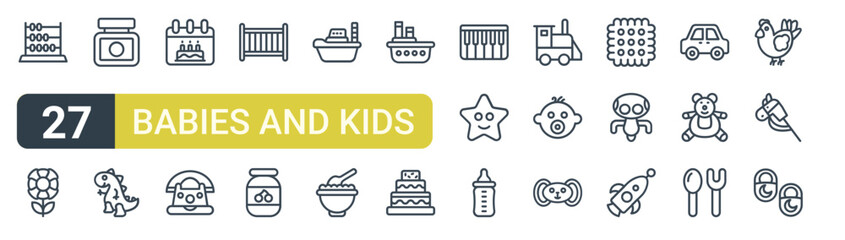 Set of 27 outline Babies and Kids icons for modern UI, landing pages and digital services. Editable stroke collection with abacus, rattle, dessert, jam, star and launch. © Leon