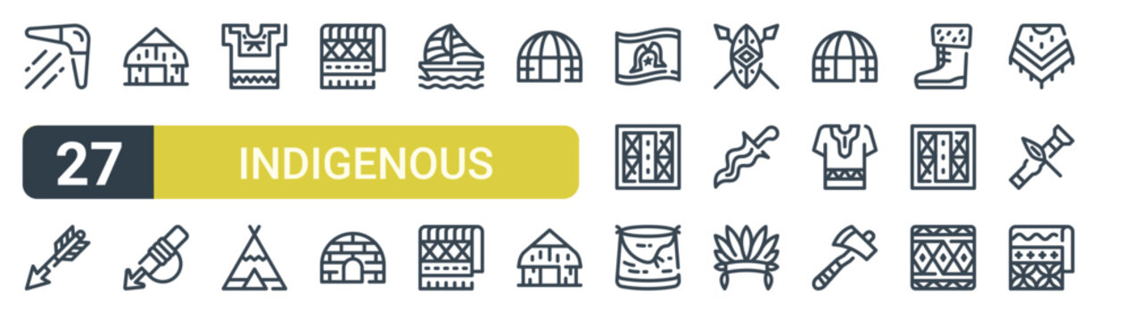 Set of 27 outline Indigenous People icons for modern UI, landing pages and digital services. Editable stroke collection with boomerang, arrow, maloca, igloo, tapa and tomahawk.