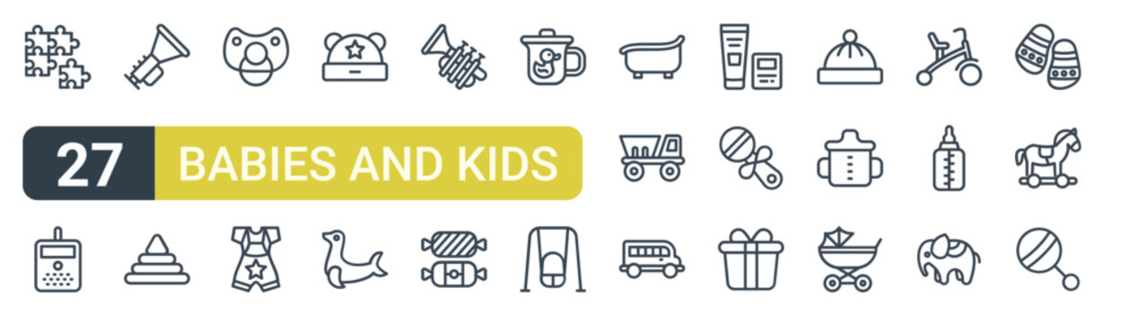 Set of 27 outline Babies and Kids icons for modern UI, landing pages and digital services. Editable stroke collection with puzzle, transistor, wind instrument, sea lion, truck and pram.