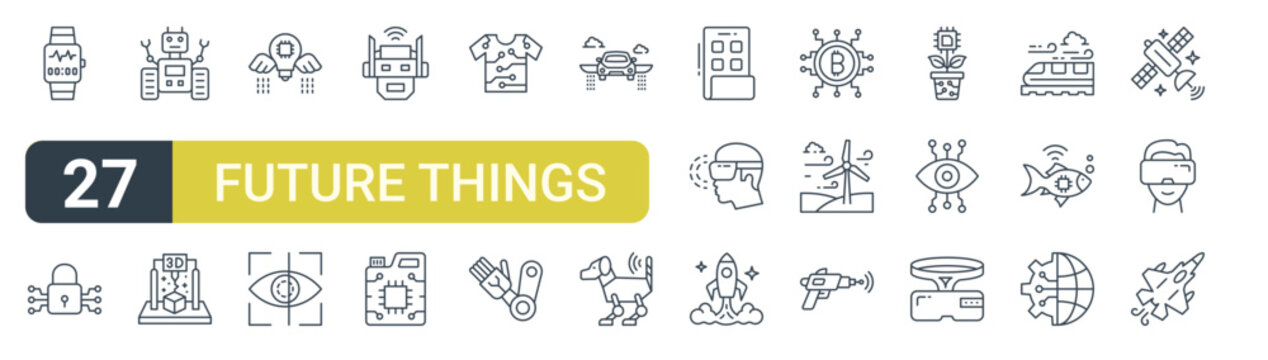 Set of 27 outline Future Things icons for modern UI, landing pages and digital services. Editable stroke collection with smart watch, security system, hinery, oil bottle, augmented reality and