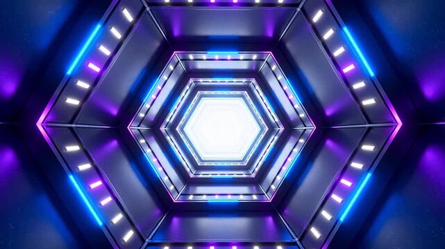 Futuristic hexagonal corridor with neon lights