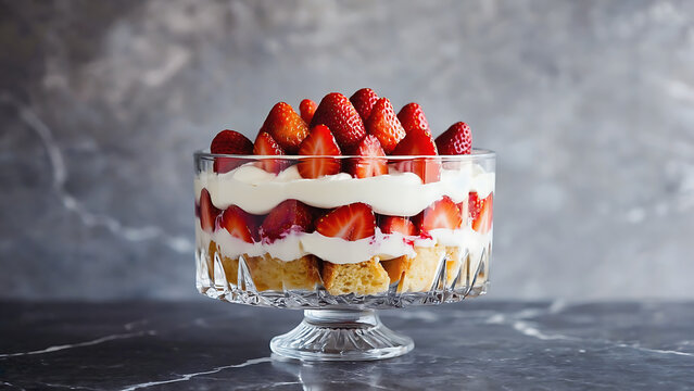 Delicious layered strawberry trifle dessert in a glass bowl