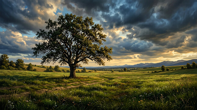 Majestic Solitary Oak Tree in a Rolling Green Meadow Under a Dramatic Clouded Sunset Sky