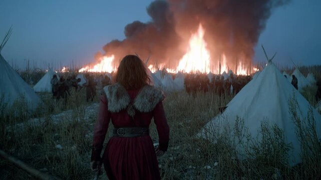 Woman in fur-trimmed red cloak stands watching tent camp burn. Fiery destruction of medieval village at dusk. Historical scene of tribal settlement ablaze with flames and smoke rising.