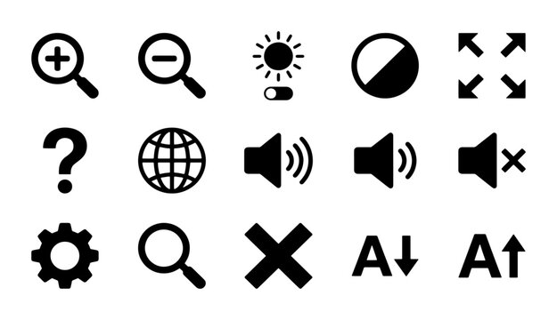 Minimalist UI icon set, 15 black vector symbols for web interface, accessibility and navigation control buttons, flat graphic design elements