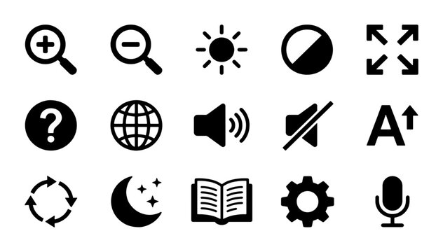 Minimalist accessibility icons set, 15 black vector symbols for web interface design, digital navigation and user experience controls