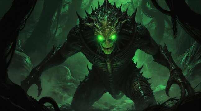 Green eyed monster lunges from dark swamp. Creature lurks in foggy jungle with spiky body and sharp claws. Bioluminescent evil entity poses threat in murky, eerie environment.