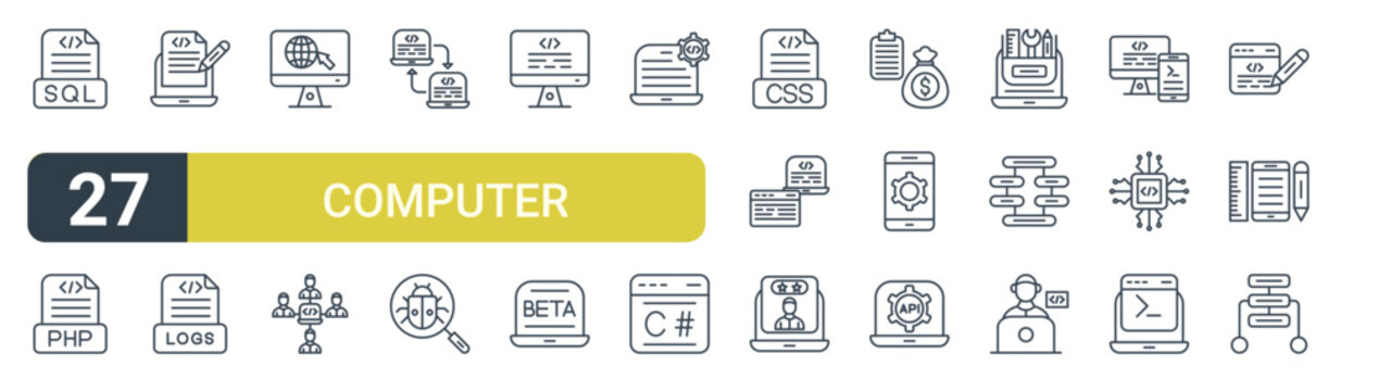 Set of 27 outline Computer Programming icons for modern UI, landing pages and digital services. Editable stroke collection with sql file, php, programming, search, development and programmer.