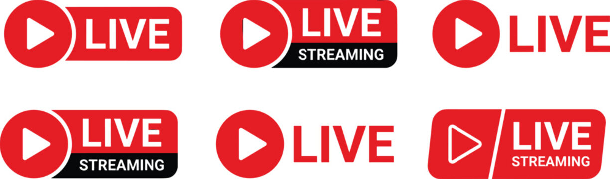 Live streaming badge collection featuring broadcast labels, online video player icons, streaming channel banners and live event symbols