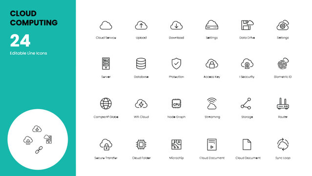 Set of twenty four minimal black line icons representing various modern cloud computing technology service concepts