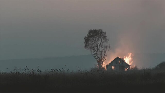 House engulfed in flames in rural grassy field. Burning wooden structure near lone bare tree under hazy smoky sky. Wildfire disaster scene in countryside landscape with distant hills.