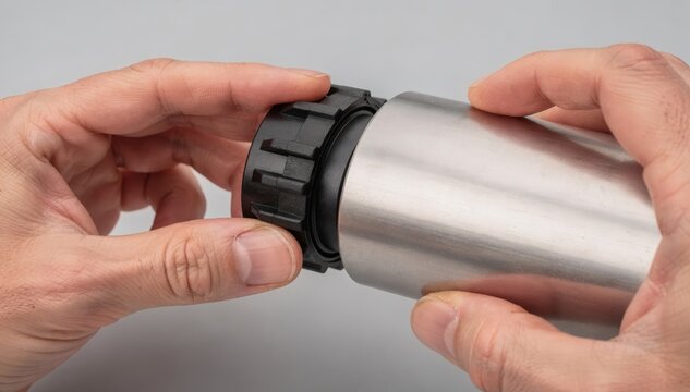 Medium shot of hands pressing a plastic frictionfit end plug securely into a metal tube demonstrating easy installation for reliable sealing in manufacturing.