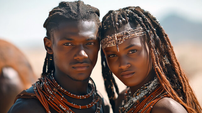 Himba couple wearing traditional jewelry posing in namib desert