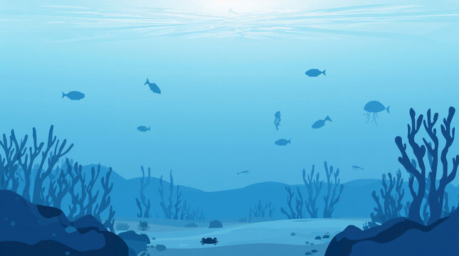 Underwater Deep Sea Vector Illustration with Fish Silhouettes and Coral Reefs