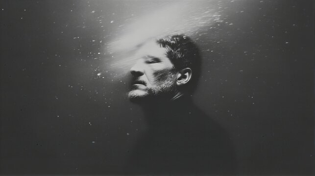 Man with eyes closed floating underwater amid bubbles. Serene underwater portrait capturing peaceful meditation and immersion in water.