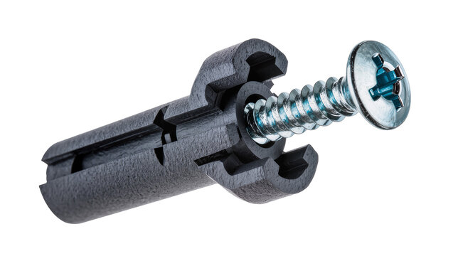 Isolated silver metal screw partially inserted into a dark gray plastic wall plug for hardware